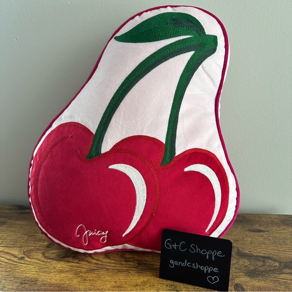 New Juicy Couture Embroidered Red Cherry Decorative Pillow Pink Green Home Viral